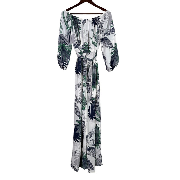NEW Boho Tropical Palm Print Off Shoulder Maxi Dress 3/4 Sleeve TieWaist S White - Picture 2 of 15